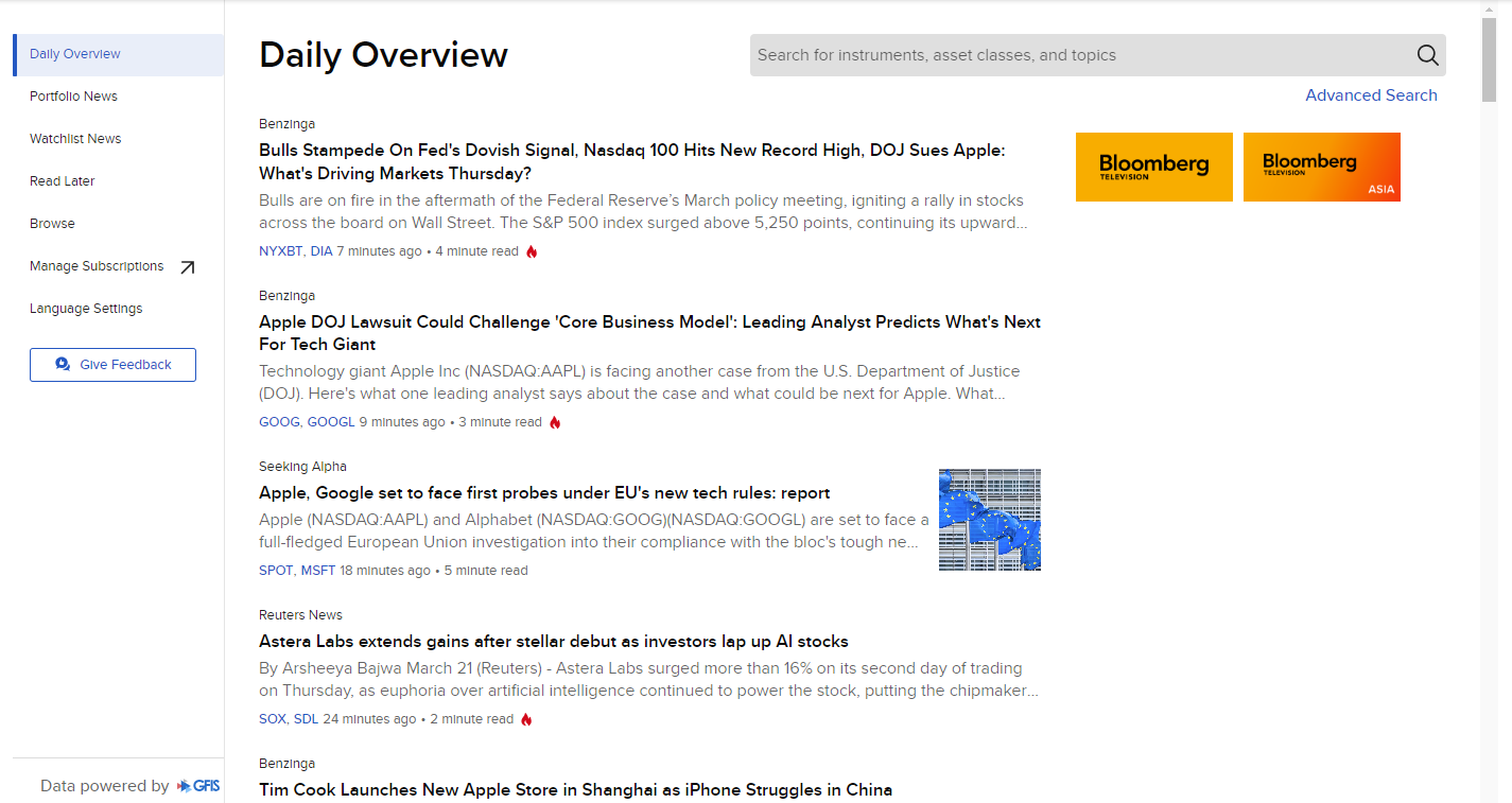 Image of the news and research menu in Portal. 